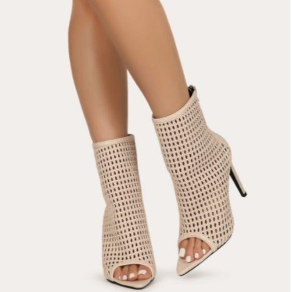 Shoes - Pointy Peep Toe Booties in Nude